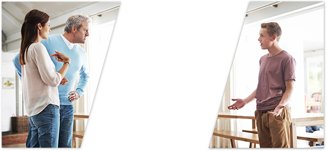 Picture of parents arguing with teens, bisected with a wide gap between the two